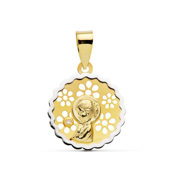 18K Medalla Virgen Niña Bicolor 15 mm Circonita
