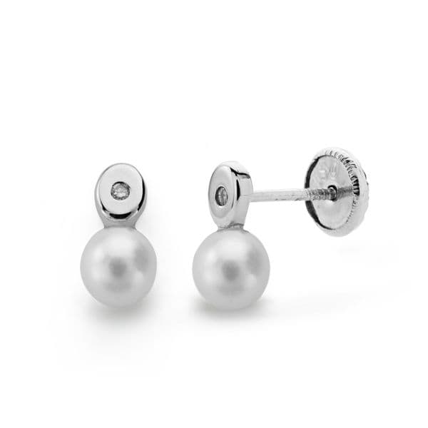 18K Earrings Pearl and Diamonds Brilliant Cut 0.02 Qts.