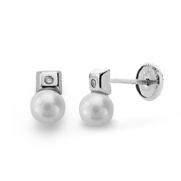 18K White Gold Earrings Pearl and Diamonds Brilliant Cut 0.02 Carats