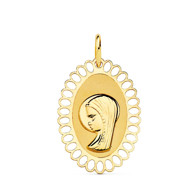 18K Medalla Virgen Niña Cerco Oval Calado 21x16 mm
