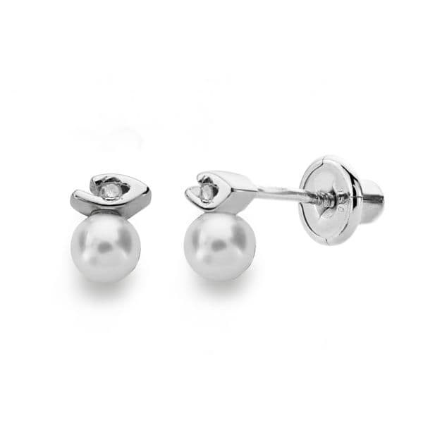 18K White Gold Earrings Pearl 3 mm diamonds Brilliant Cut 0.012 Kts