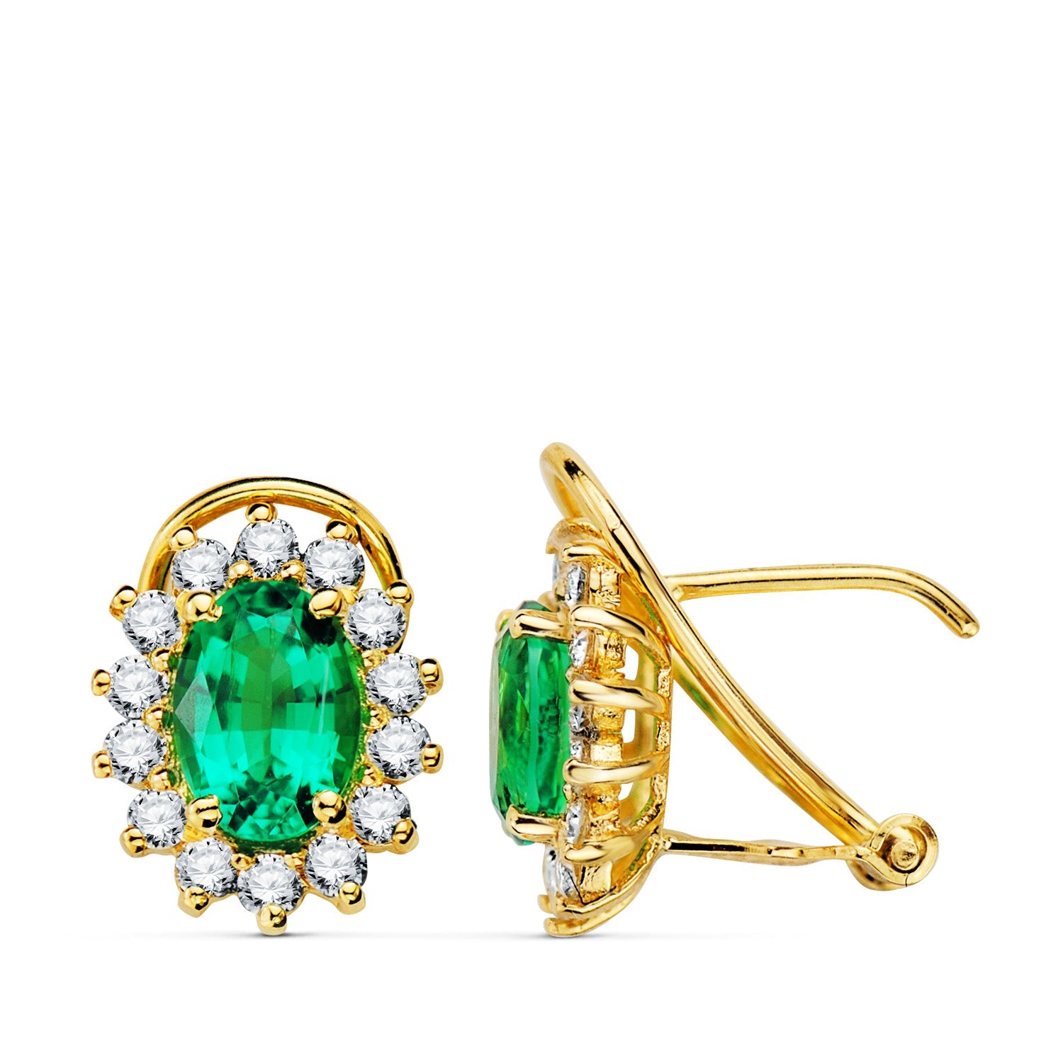 18K Yellow Gold Earrings Emerald 1.50Ct and Diamonds 0.580Ct Si H. 12x9mm