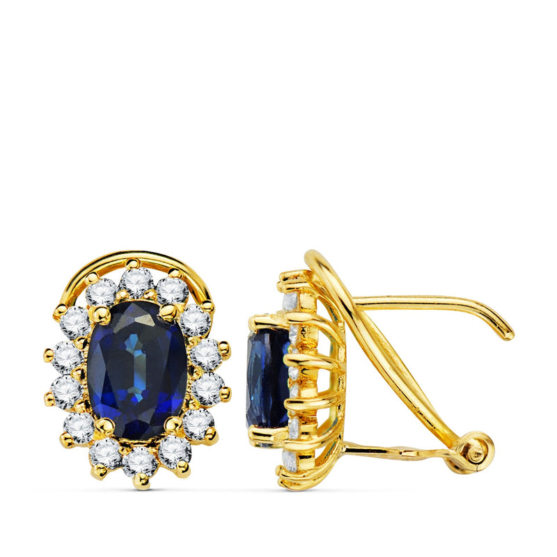 18K Yellow Gold Earrings Sapphire 1.96Qt And Diamonds 0.580Qt Si H. 11x9mm