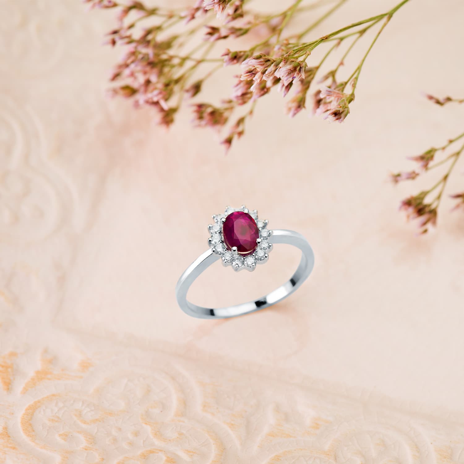 18K Bague Or Blanc Rubis 1.04 Qt. Diamants 0.35 Qts. Si-H