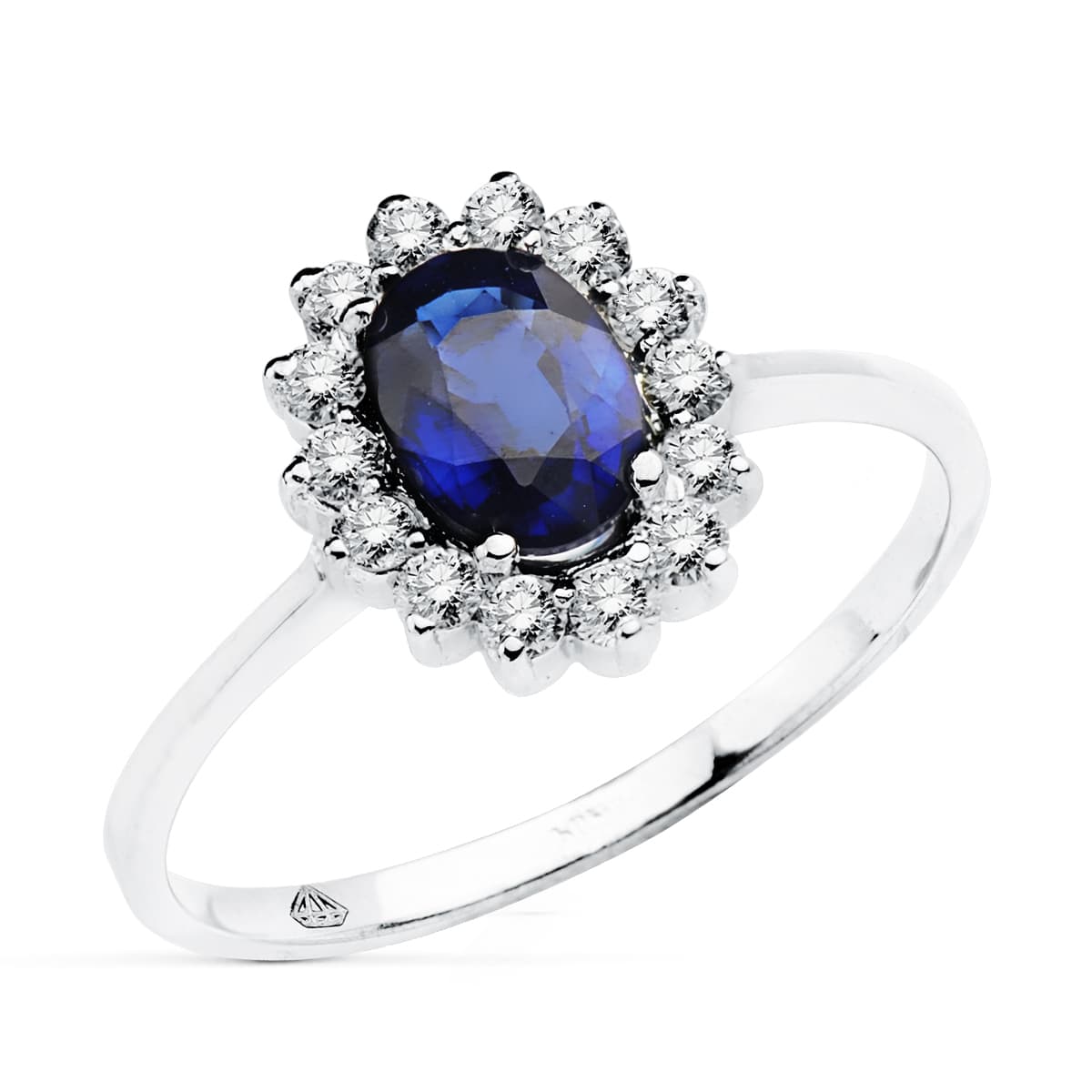 18K Anillo Sortija Oro Blanco Zafiro 0.98 Qts. con Diamantes