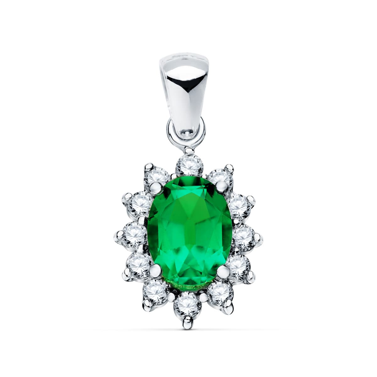 18K White Gold Pendant Emerald 0.75 Ct. 12 Diamonds 0.35 Cts. Si-H. 13x11mm