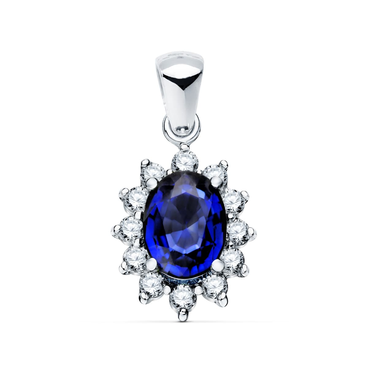18K White Gold Pendant Sapphire 0.98 Ct. 12 Diamonds 0.35 Ct. Si-H. 13x11 mm