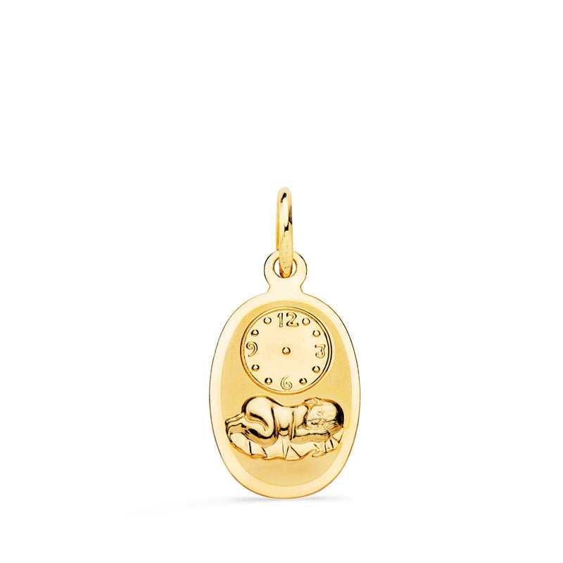 18K Oval Medal Child of the Hour with Clock Glossy and Matte 18x10 mm