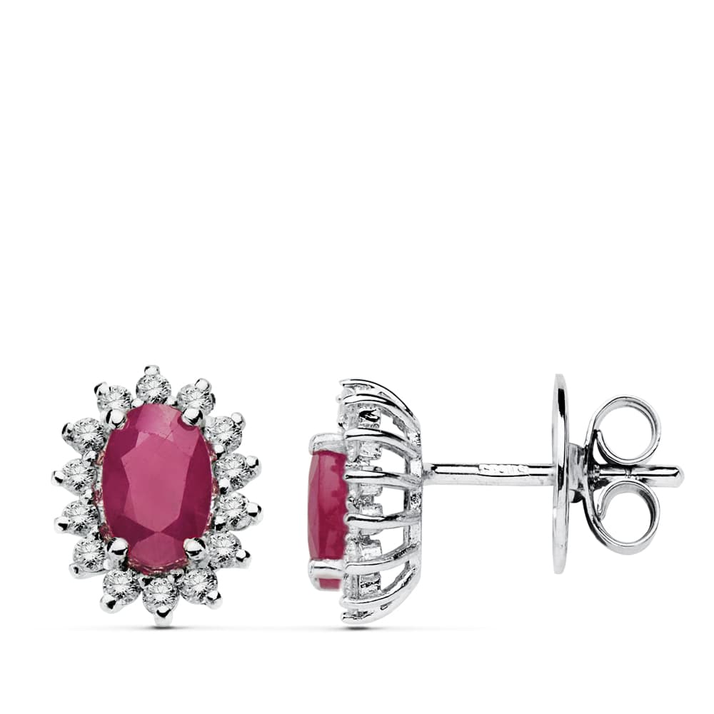 18K Earrings White Gold Ruby 1.00 Ct. Diamonds 0.28 Cts. Si-H