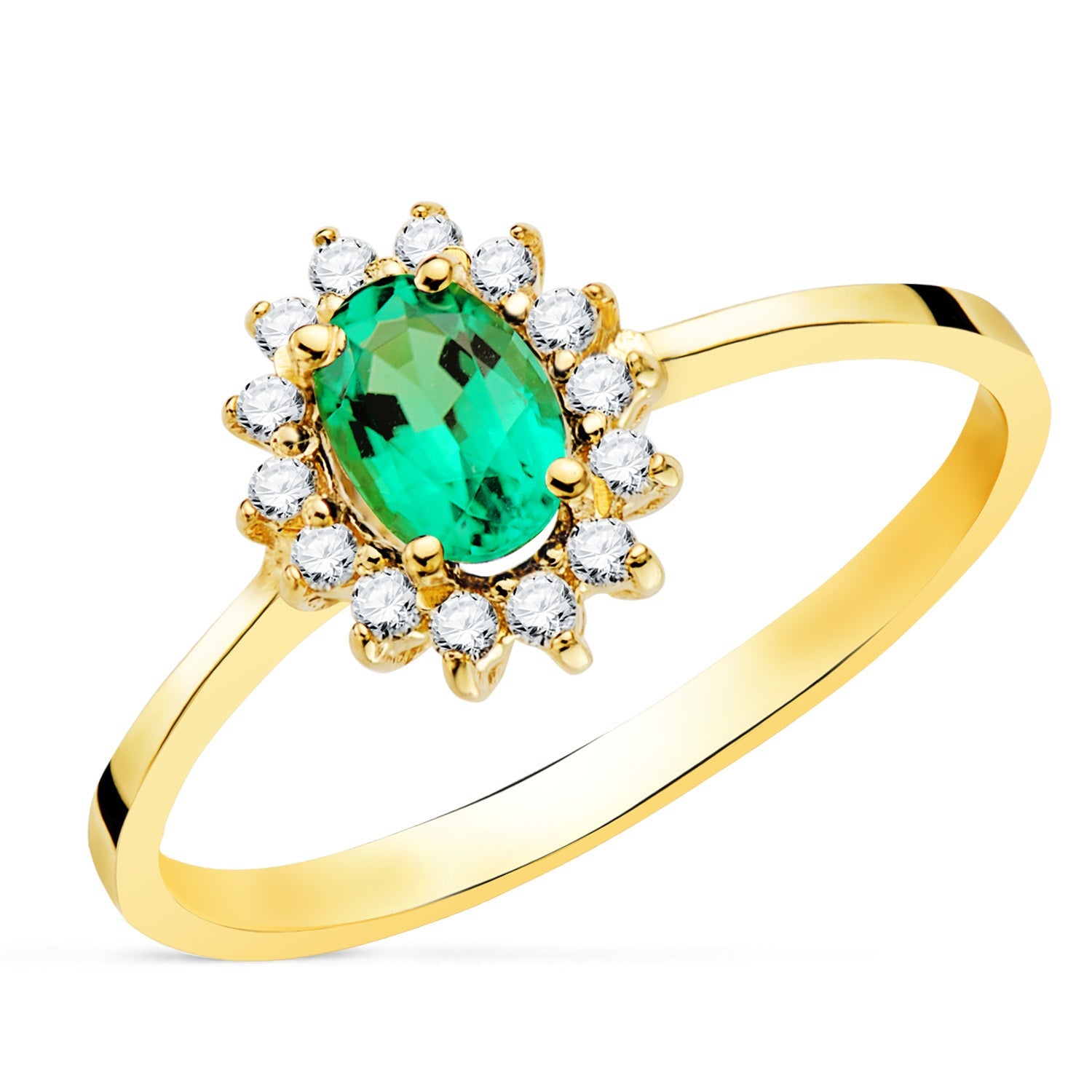 18K Ring Yellow Gold Emerald 6x4mm 0.39 Cts. Diamonds 0.140 Cts. Si-H
