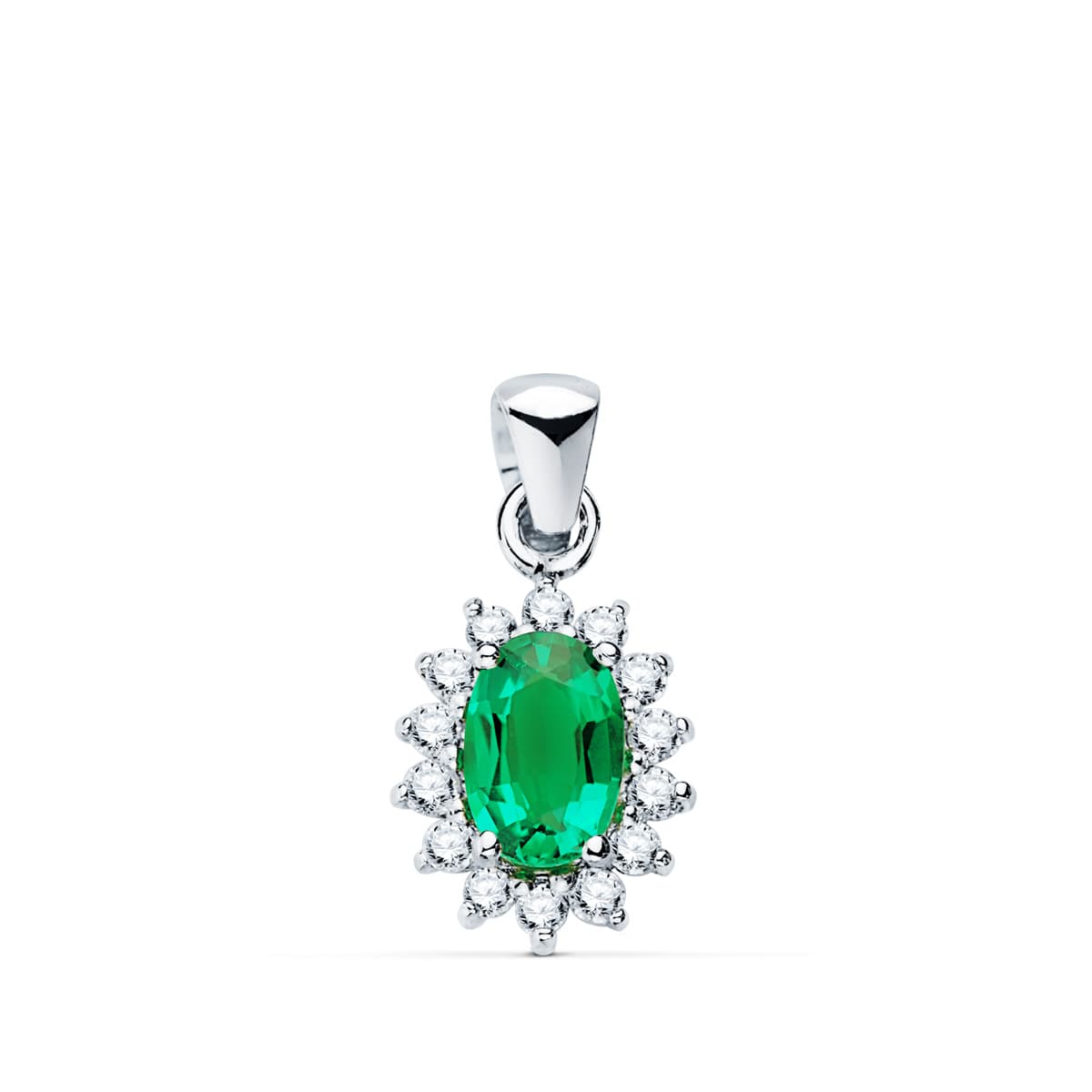 18K White Gold Pendant Emerald 0.39 Ct. 14 Diamonds 0.14 Cts. Si-H. 10x8 mm