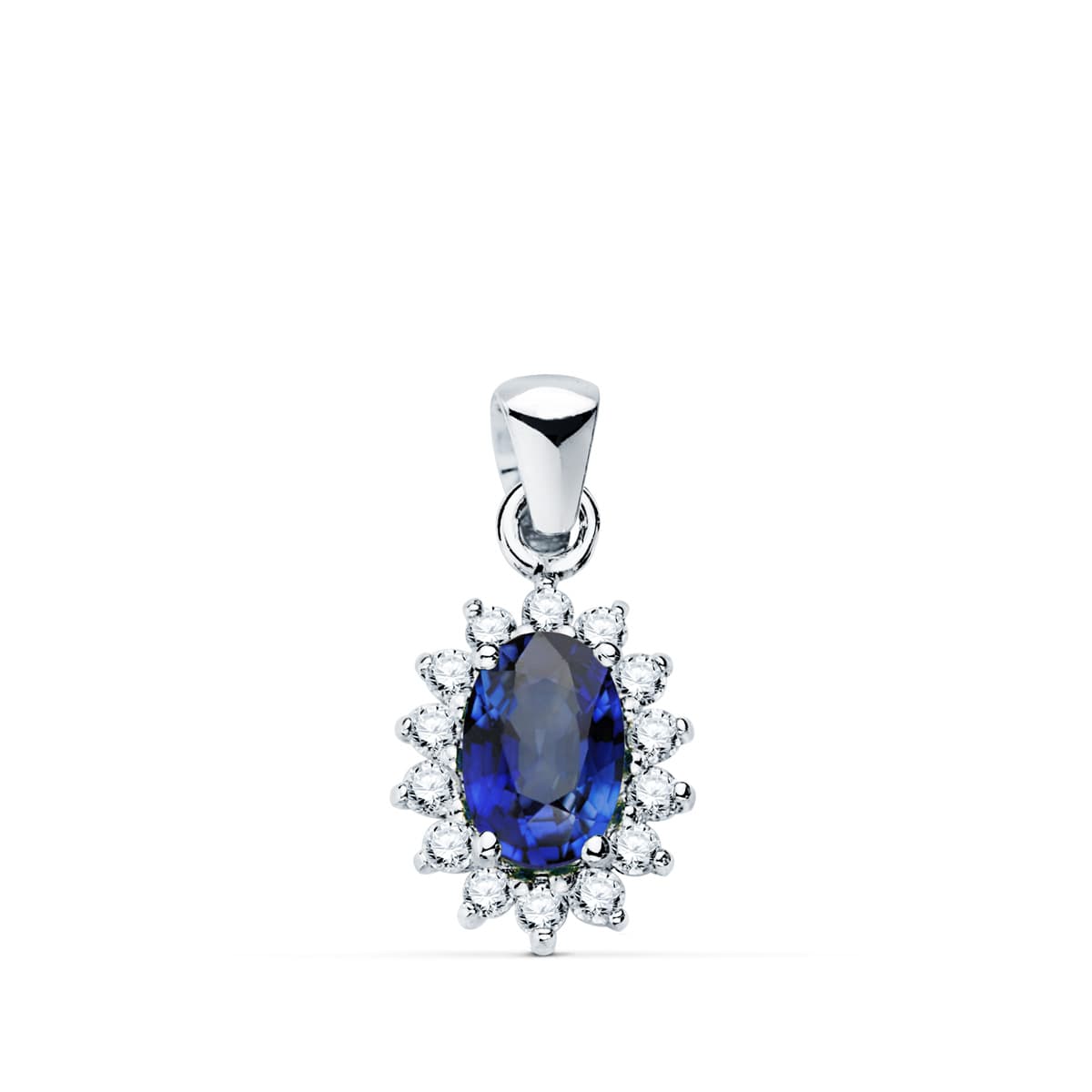 18K White Gold Pendant Sapphire 0.62 Ct. 14 Diamonds 0.14 Cts. Si-H. 10x8 mm