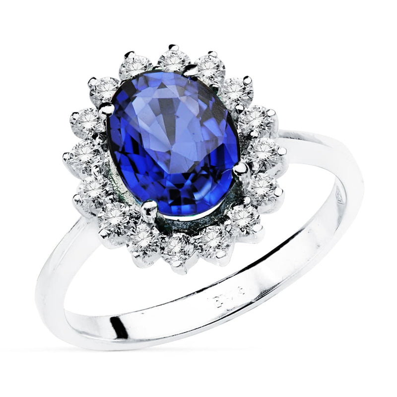 18K Anillo Sortija Oro Blanco Zafiro 2.47 Qts. con Diamantes