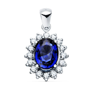 Pendentif saphir en or blanc 18 carats 2,47 Qt. 16 diamants 0,42 pintes. Oui-H. 14x12mm