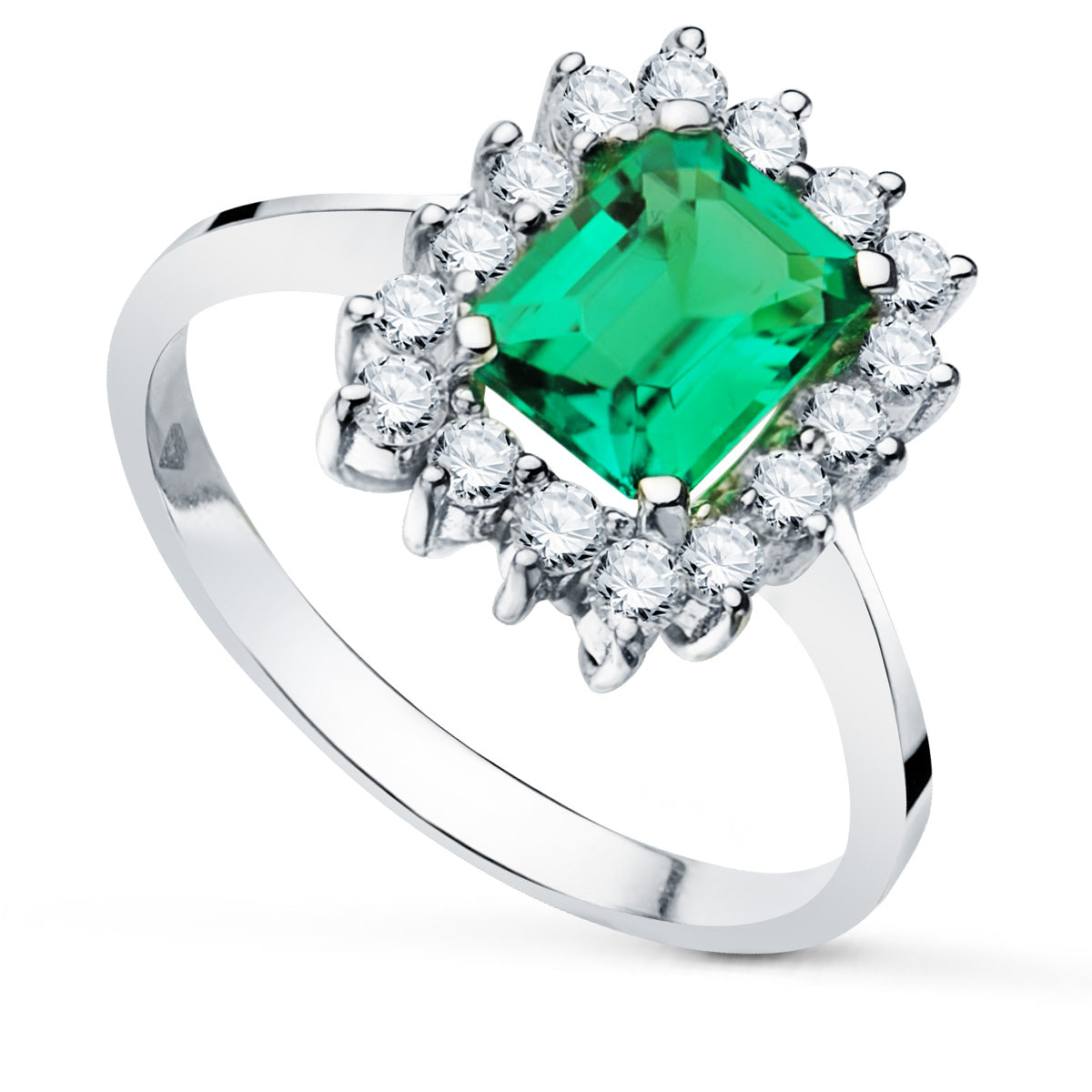 18K Anillo Sortija Oro Blanco Esmeralda 1.50Qt con Diamantes