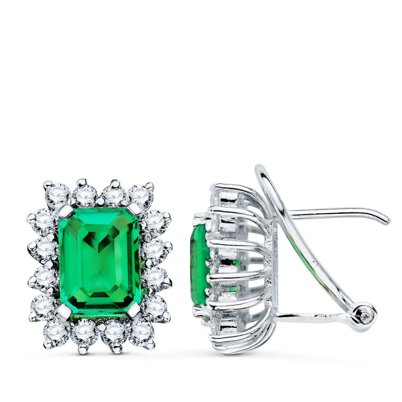18K White Gold Earrings 32 Diamonds 1.12 Qt. And Emeralds 3.00 Qt. 13x11 mm