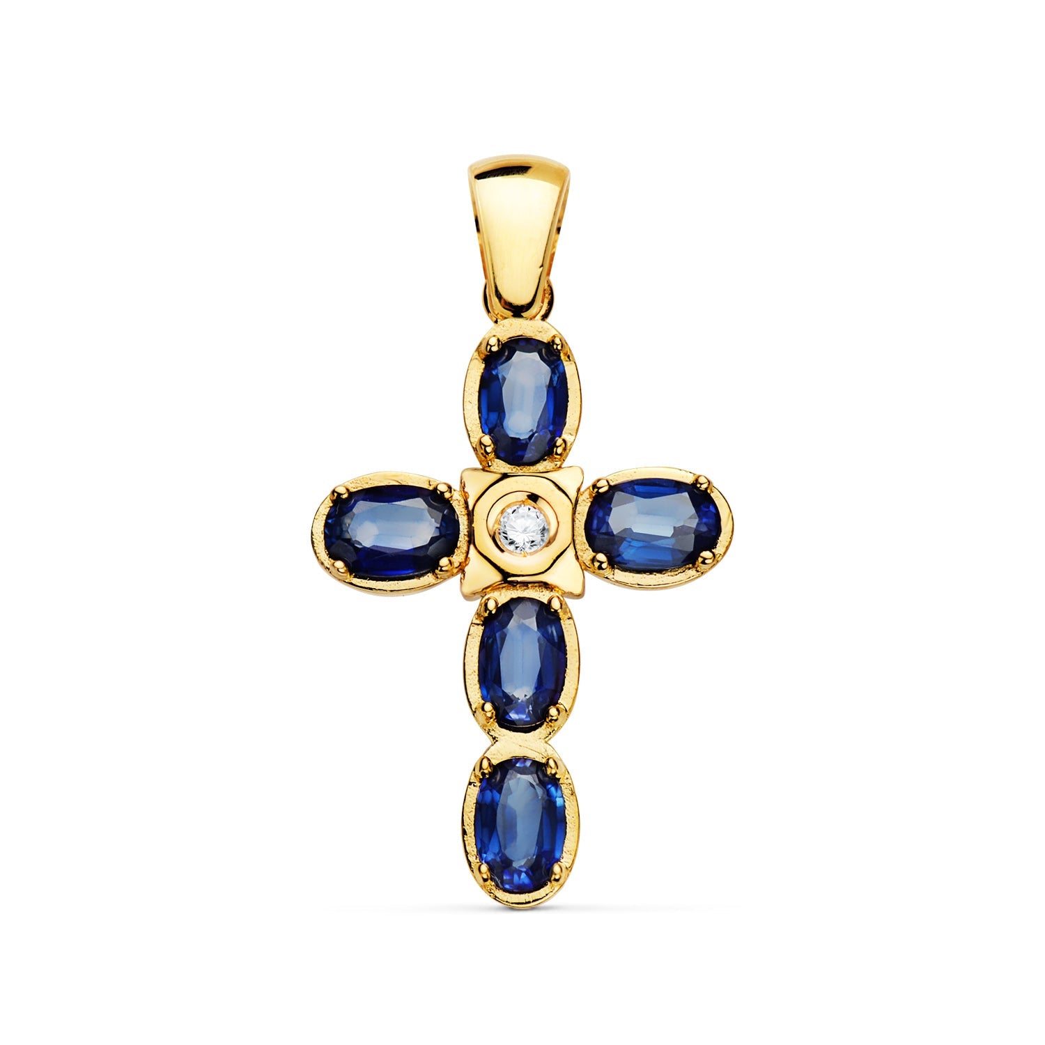 18K Cross Yellow Gold Diamond 0.045 Carats Diffused Sapphires 6x4 mm 3.10 Carats 30x19 mm