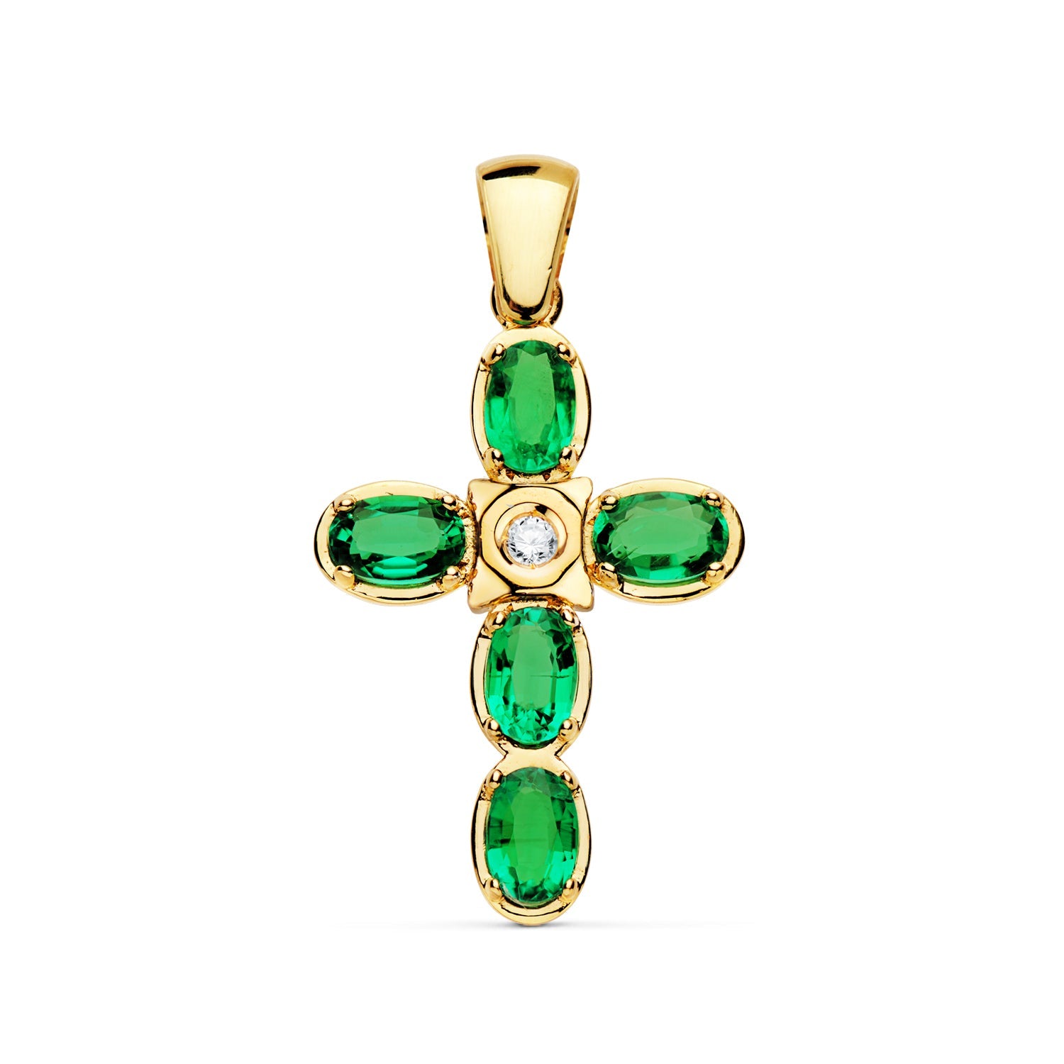 18K Yellow Gold Cross Diamond 1.95 Qts. Emeralds 0.49 Qts Measurements 28x19 mm