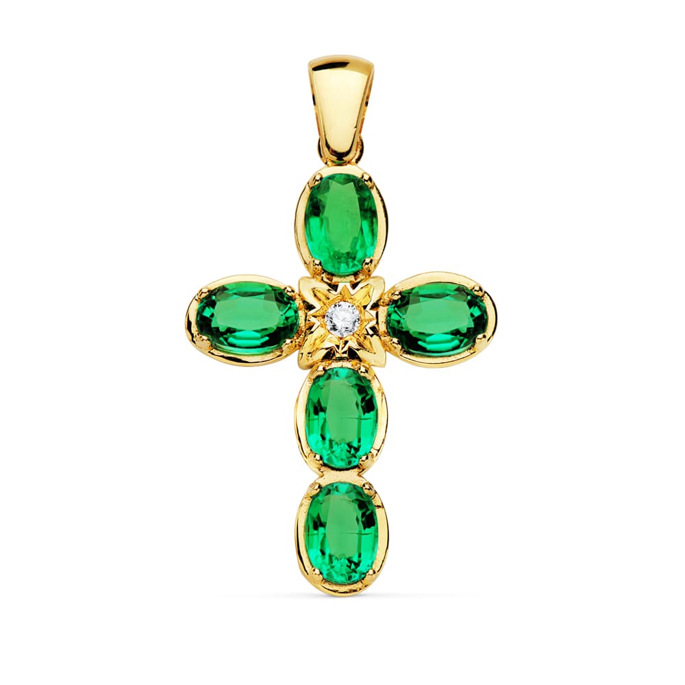 18K Bright Yellow Gold Cross 0.065 Carats 30x21 mm Emeralds 3.75 Carats