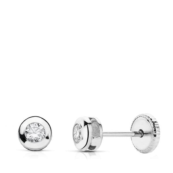 18K Pendientes Oro Blanco Chaton Con Circonita 4 mm Cierre Tuerca