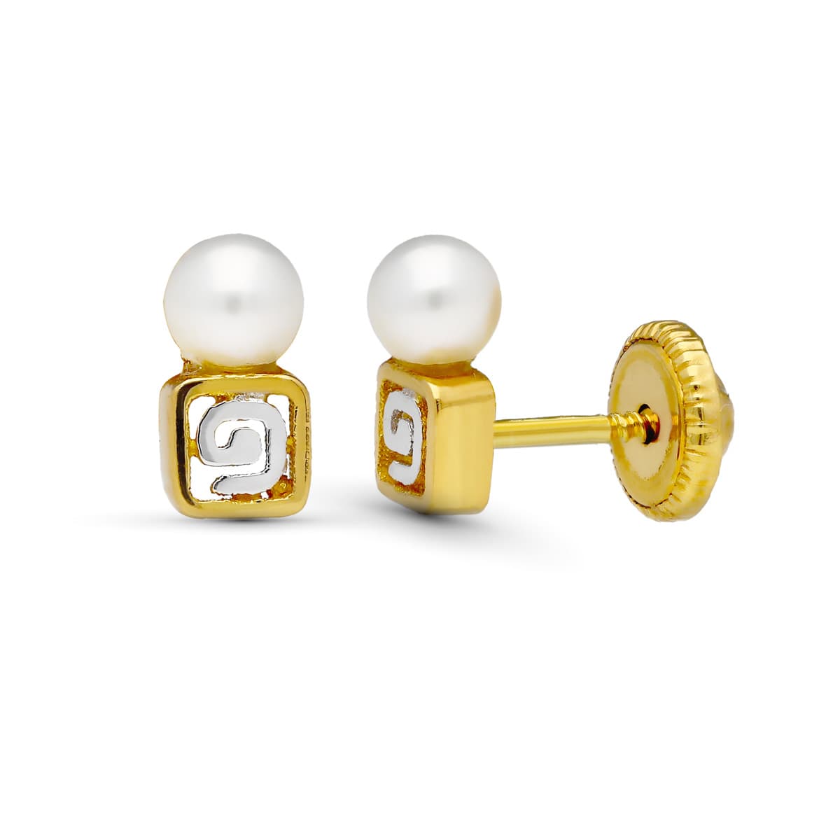 18K Bicolor Gold Earrings Motif and Pearl 7X3 mm