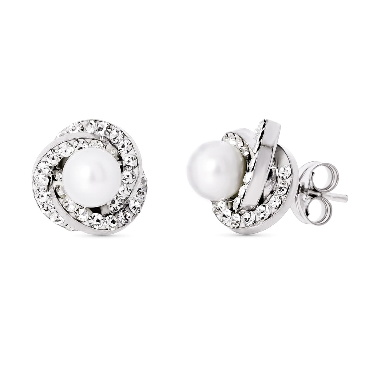 18K Pendientes Oro Blanco Nudo Perla 9X9 mmcierre Presion