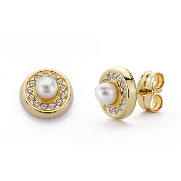 18K Yellow Gold Earrings Pearl 3 mm Cubic Zirconia Pressure Back