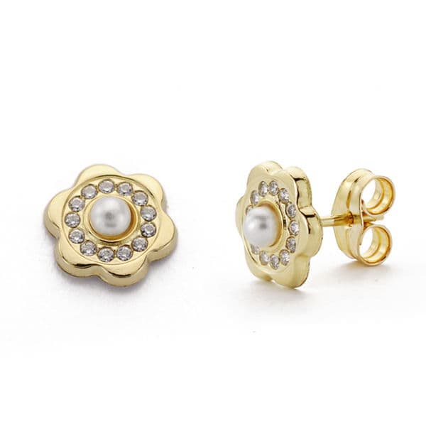 18K Yellow Gold Flower Earrings with Zirconia and 3 mm Pearl
