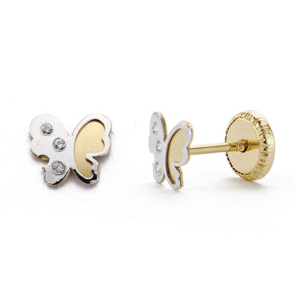 18K Earrings Bicolor Gold Butterfly Zirconia 5 mm
