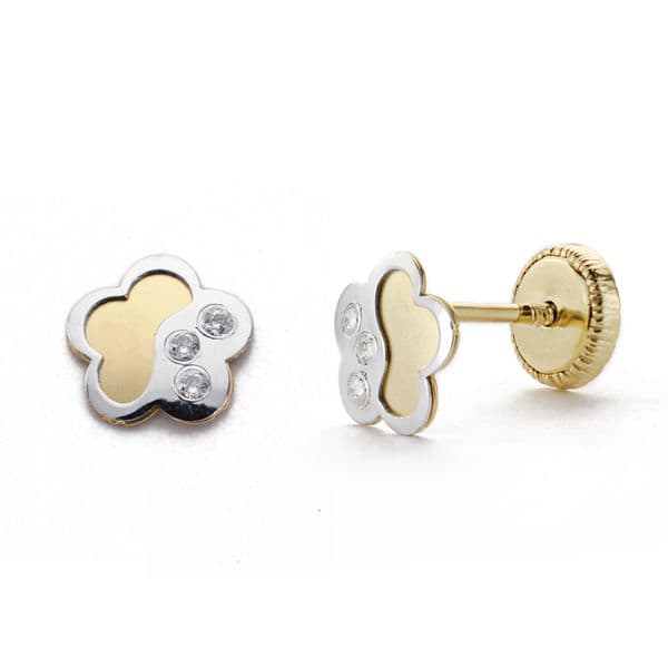 Boucles d'oreilles 18K or bicolore fleur zircones 6 mm