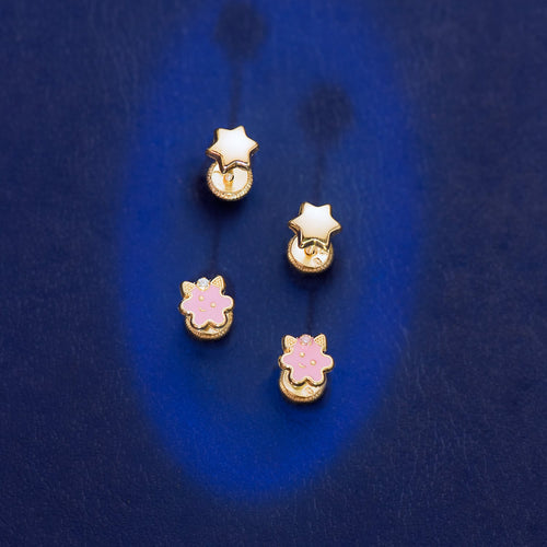 18K Yellow Gold Earrings Flower Pink Enamel Nut Closure 6.5 X 6.5 mm