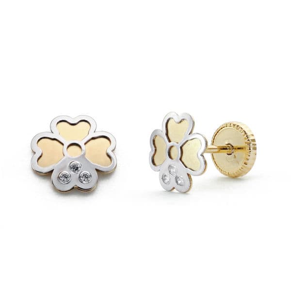 18K Bicolor Gold Clover Earrings. 6 mm