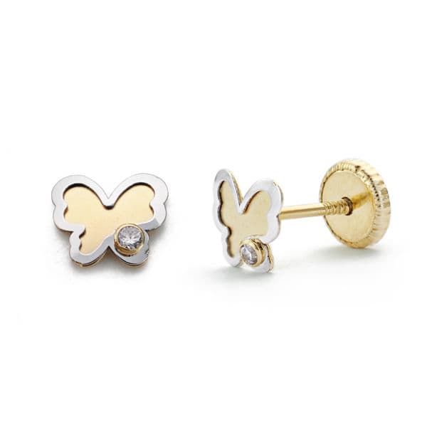 18K Earrings Bicolor Gold Butterfly Cubic Zirconia 5 mm
