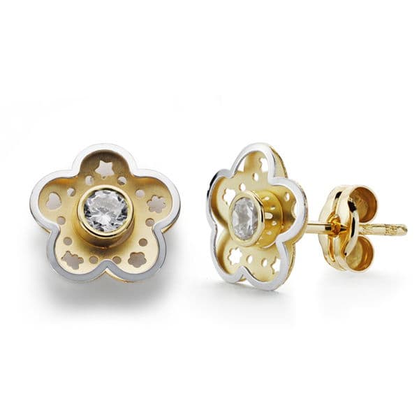 18K Bicolor Gold Flower Zirconia Earrings 8 mm