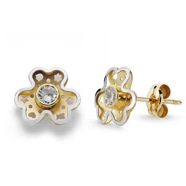 18K Earrings Bicolor Gold Clover Cubic Zirconia 9X8 mm