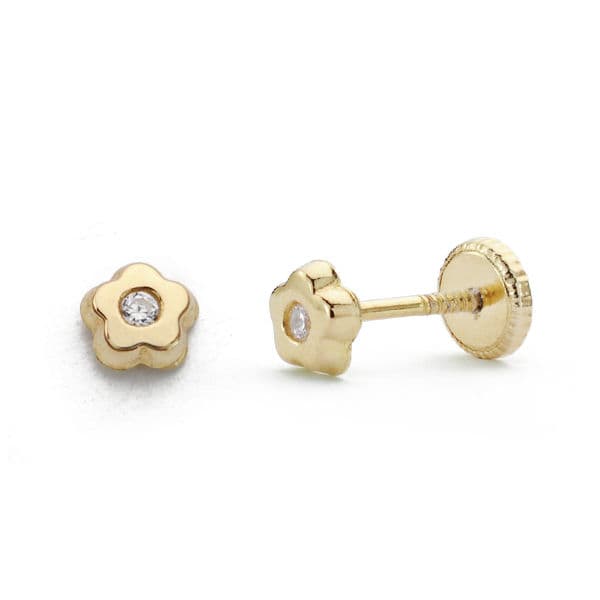 Boucles d'oreilles 18K Or Jaune Fleur Zircon 4 mm Vis