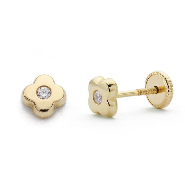 18K Yellow Gold Screw Clover Zirconia Earrings 5 mm