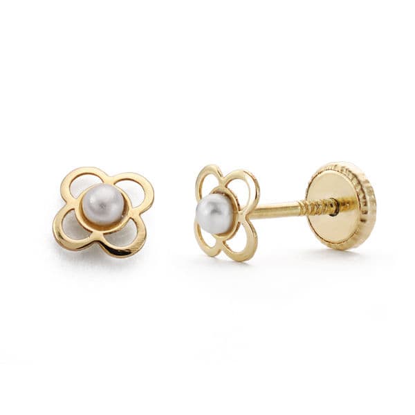 18K Yellow Gold Clover Earrings 5 mm Pearl 2 mm Thread