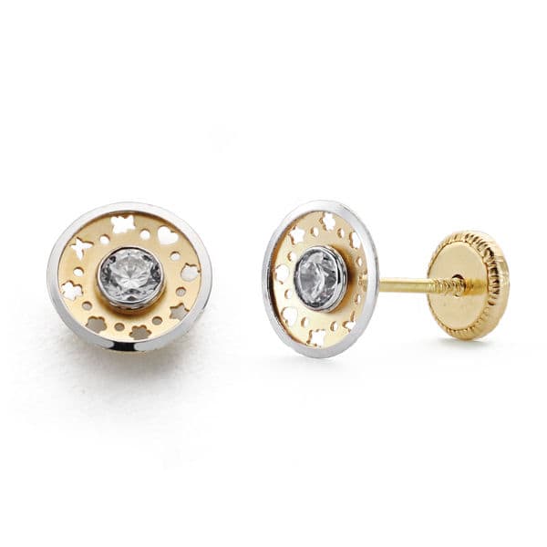 18K Bicolor Gold Earrings 6.5 mm Cubic Zirconia