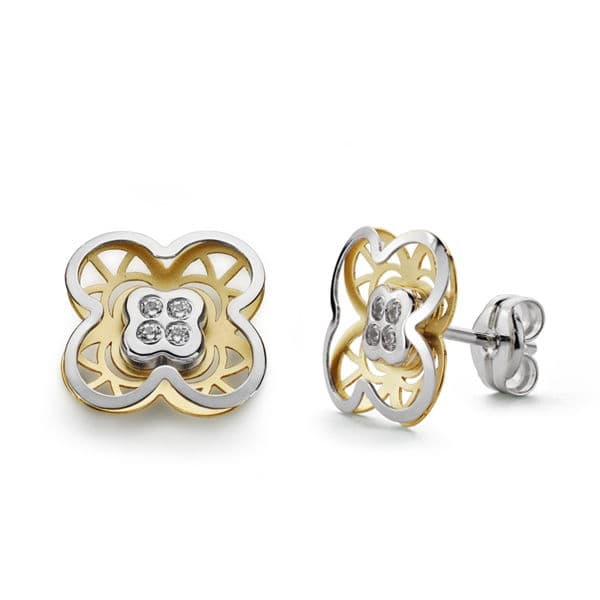 18K Earrings Bicolor Gold Clover Zirconia 9 mm