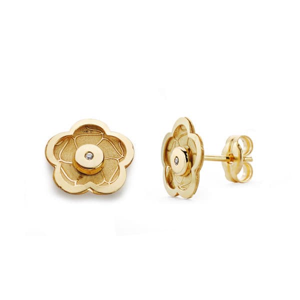 18K Yellow Gold Flower Zircon Earrings 8X8 mm