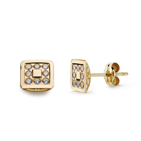 18K Yellow Gold Square Earrings Cubic Zirconia 7X7 mm