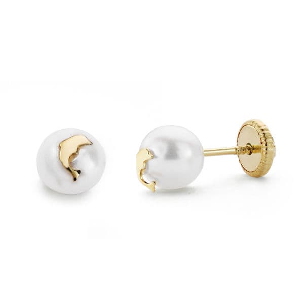 18K Yellow Gold Earrings Pearl and Dolphin 6 mm Screw Back