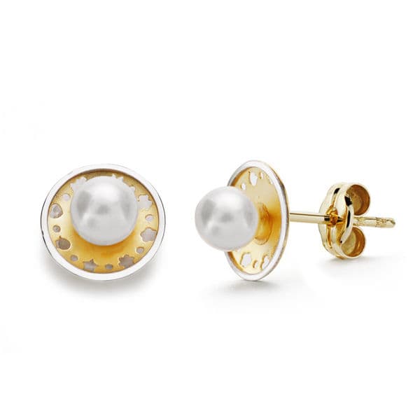 18K Bicolor Gold Round Earrings and 8 mm Pearl Pressure Back