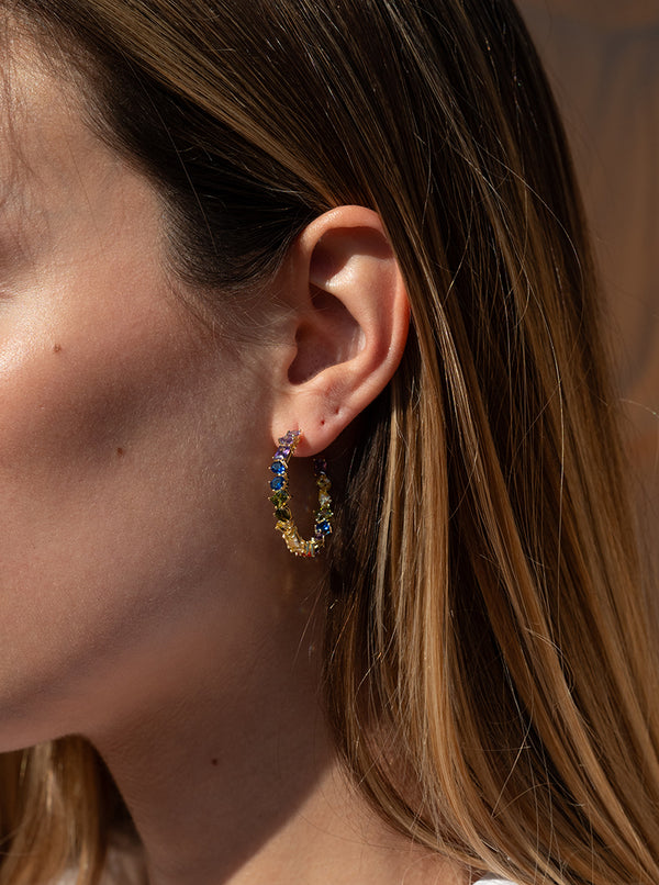 Pendientes Aro Plata Bañada en Oro Diseño Multicolor