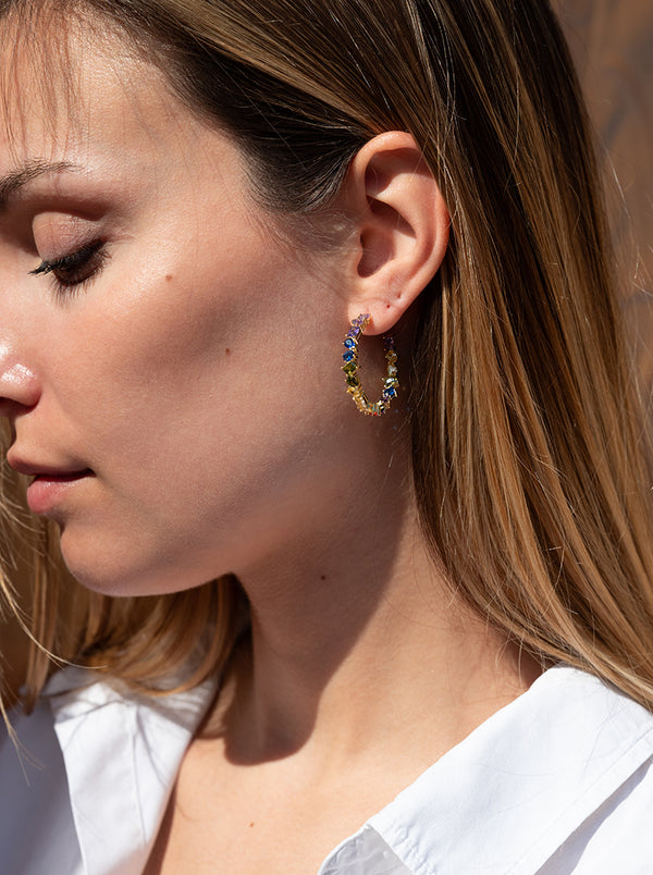 Pendientes Aro Plata Bañada en Oro Diseño Multicolor