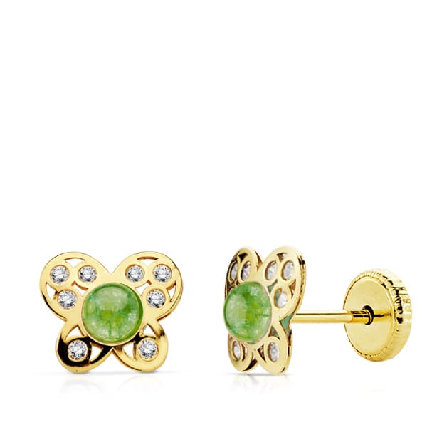 18K Yellow Gold Butterfly Earrings with Green Stone and Pink Zirconia