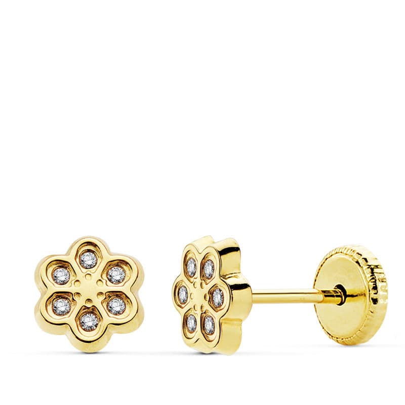 18K Yellow Gold Flower Zirconia Earrings 6.5 mm screw