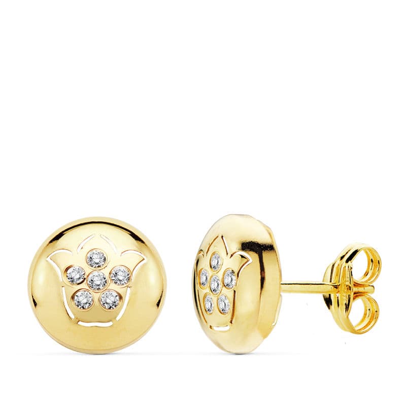 18K Yellow Gold Earrings Openwork Flower Cubic Zirconia 8.5 mm