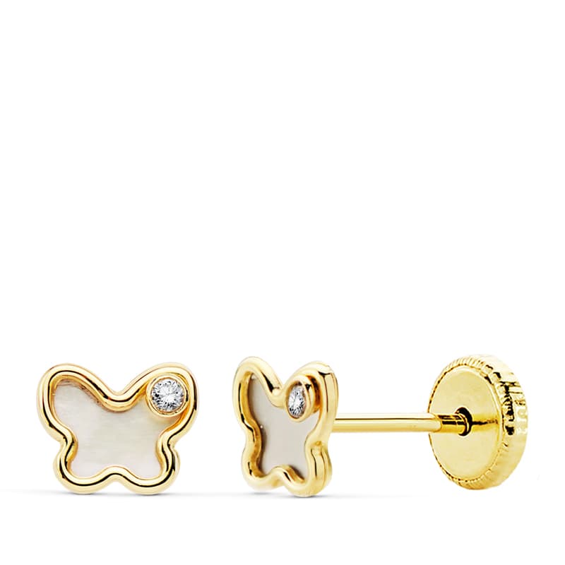 Boucles d'oreilles papillon nacre or jaune 18K 5X4 mm